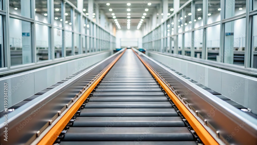 Modern Conveyor Belt in Bright Industrial Warehouse with Clear Perspective View Modern Conveyor Belt in Bright Industrial Warehouse with Clear Perspective View