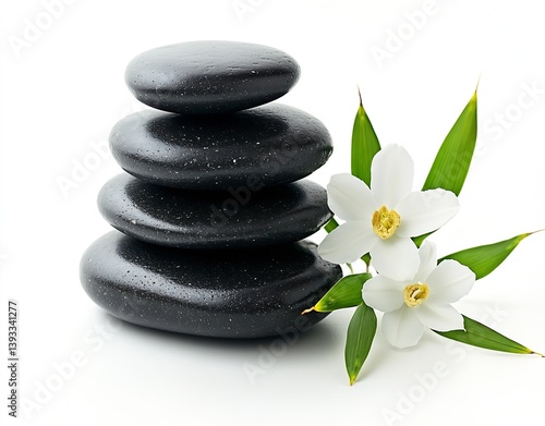Zen Stones Stacked with White Flower and Bamboo Leaf Serene Spa Wellness Harmony Concept : Generative AI