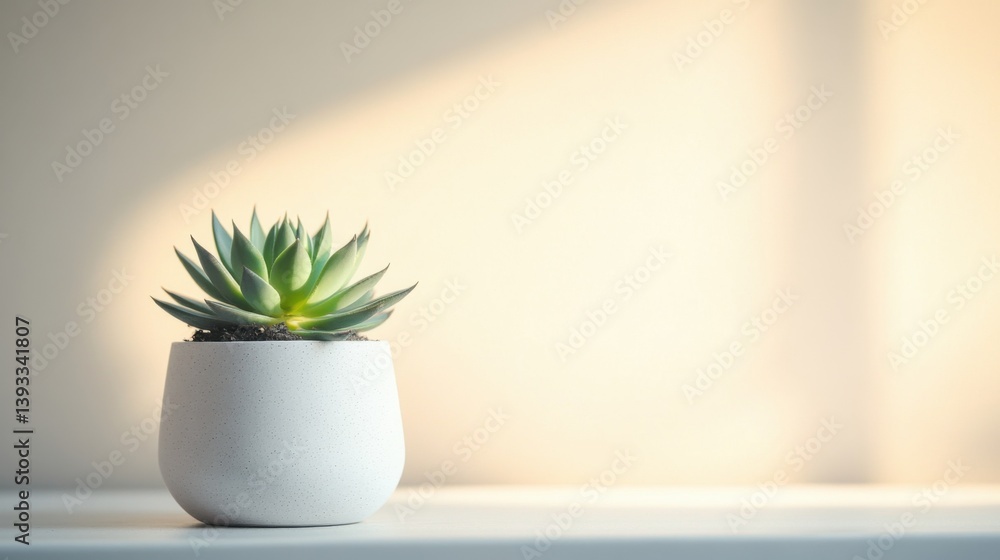 Minimalist Photo of a Small Succulent Plant in a White Textured Pot with Soft Natural Light on a Light Background Minimalist Photo of a Small Succulent Plant in a White Textured Pot with Soft Natural Light on a Light Background