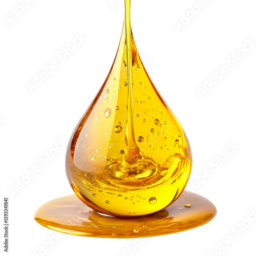 A golden honey drop with smooth dripping syrup and sticky texture for culinary illustrations on a transparent background