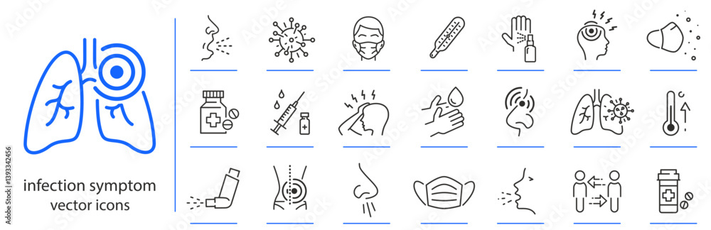 infection symptom icons, disease flu icon set, linear vector illustration, outline editable stroke infection symptom icons, disease flu icon set, linear vector illustration, outline editable stroke