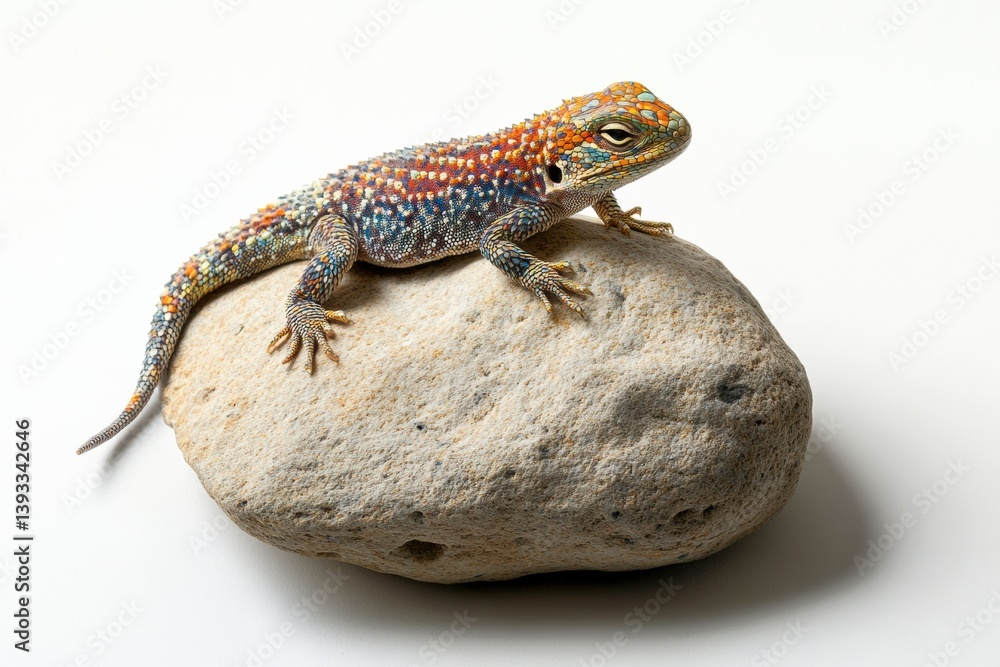 Fototapeta premium Colorful lizard resting on textured rock with white background and drop shadow showcasing its vibrant patterns