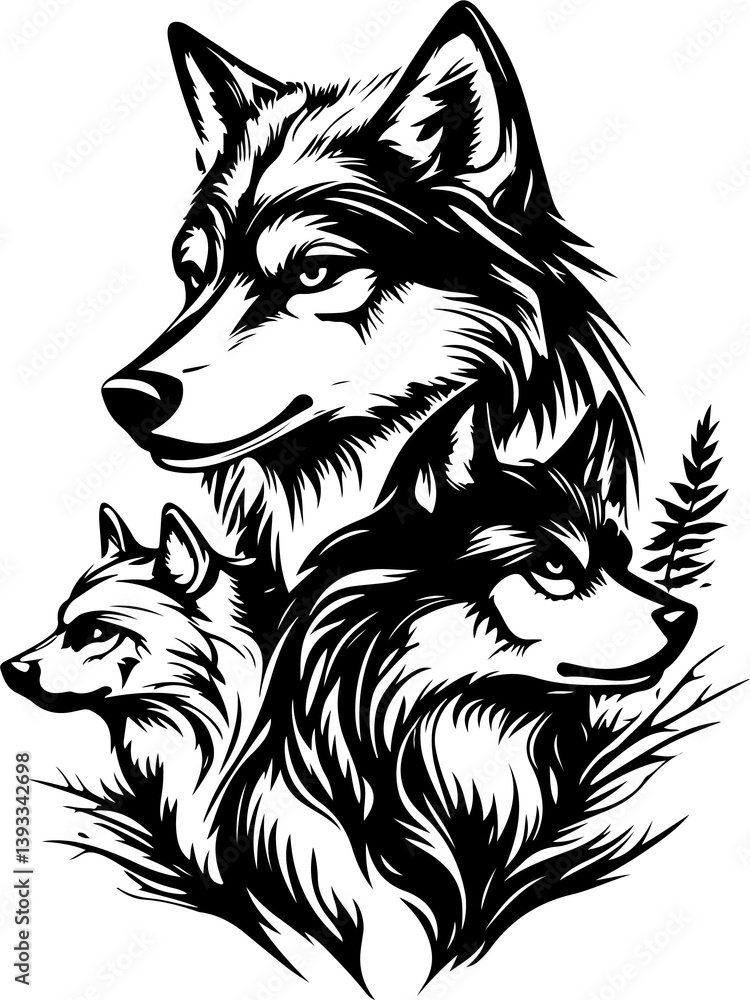 Fototapeta premium wolf, animal, head, vector, dog, tattoo, illustration, wild, black, cat, cartoon, face, lion, mammal, mascot, white, wildlife, predator, tiger, canine, isolated, art, symbol, nature, silhouette