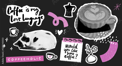 Coffee and cat sticker set, halftone doodle collage for cafe. Modern trendy scrapbooking vision board srt illustrations