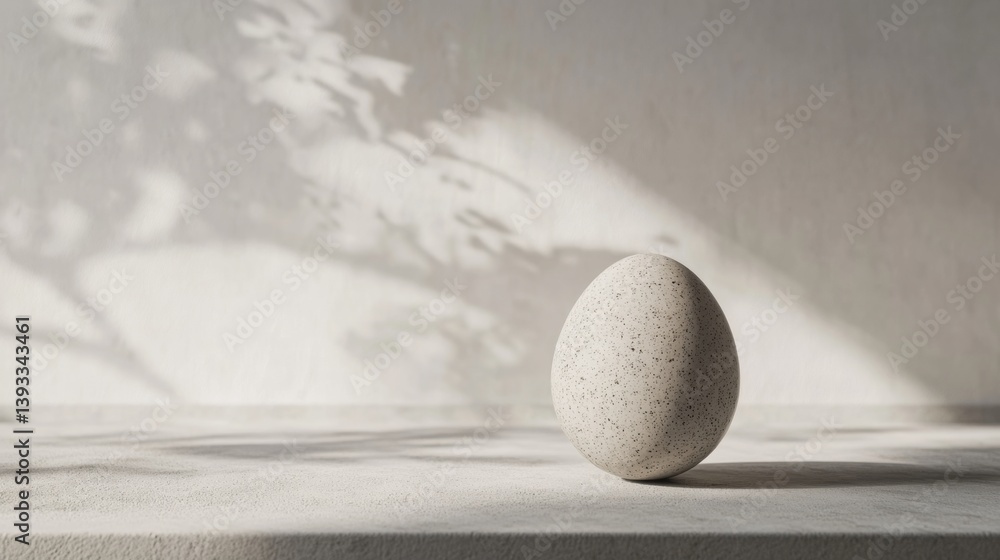 Minimalist Still Life: Speckled Egg on Concrete Surface with Soft Light and Shadow Play Against Textured Wall Minimalist Still Life: Speckled Egg on Concrete Surface with Soft Light and Shadow Play Against Textured Wall
