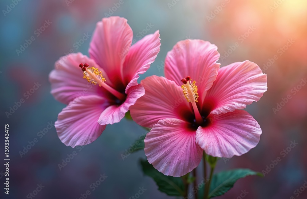 Two vibrant hibiscus flowers in colorful abstract background. Pink blossoms with detailed petals, yellow stamens, red pistils. Ideal for tropical, floral design. Spring, summer, garden aesthetics. Two vibrant hibiscus flowers in colorful abstract background. Pink blossoms with detailed petals, yellow stamens, red pistils. Ideal for tropical, floral design. Spring, summer, garden aesthetics.