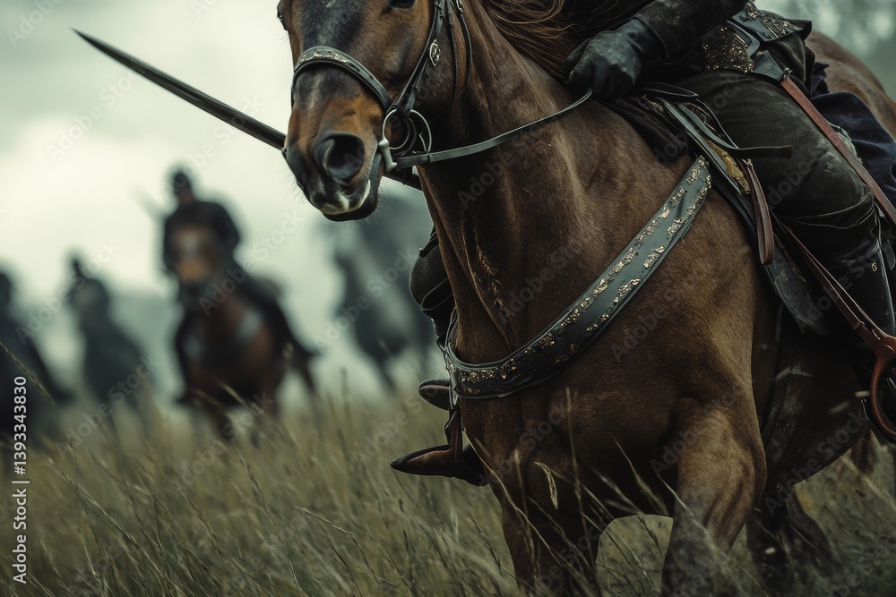 Obraz premium A cavalry soldier rides fiercely on horseback, sword held high, galloping through a lush grassy field with cavalry units visible in the background, embodying a moment of action