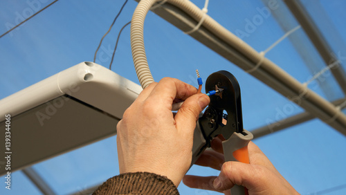Obraz na płótnie Installation of infrared heater in the greenhouse. Bringing the electrical cable. A man crimps the terminal on the contact of the wire. w salonie