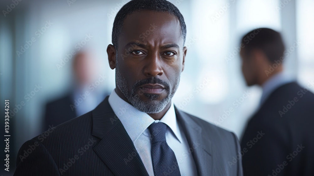 Determined man in suit with colleagues, looking ahead, professional setting Determined man in suit with colleagues, looking ahead, professional setting
