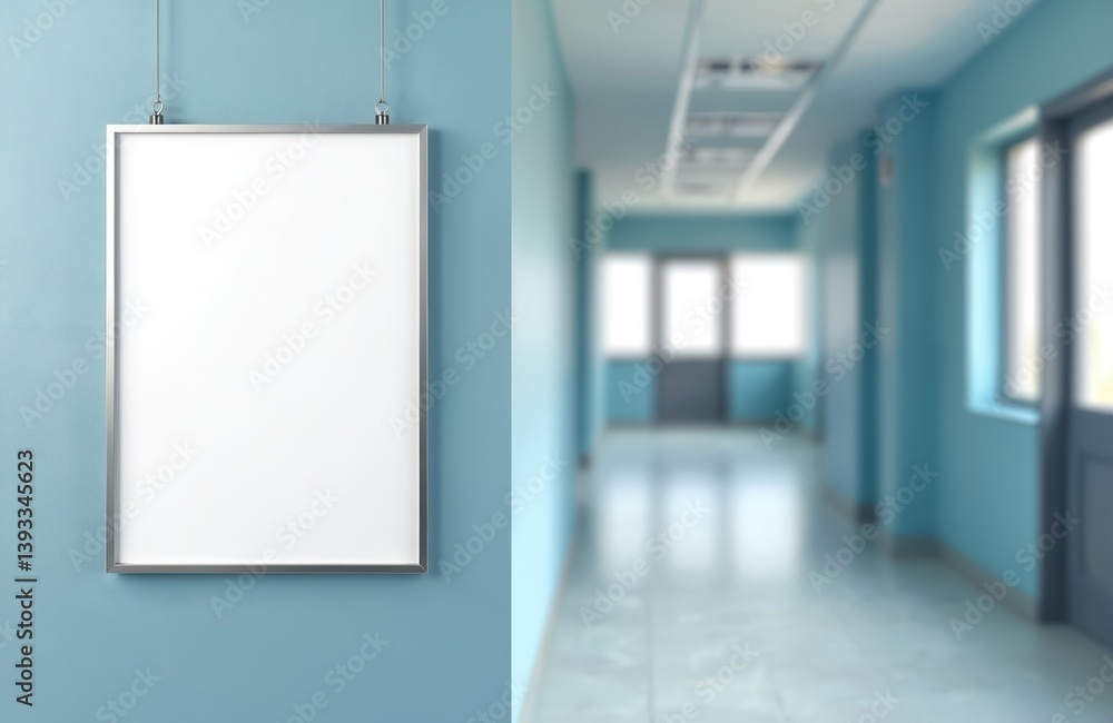 Mockup poster on wall in hospital corridor. Empty white A4 paper for text, ad, presentation, advertising, marketing. Medical center clinic interior. No people, blur background.
