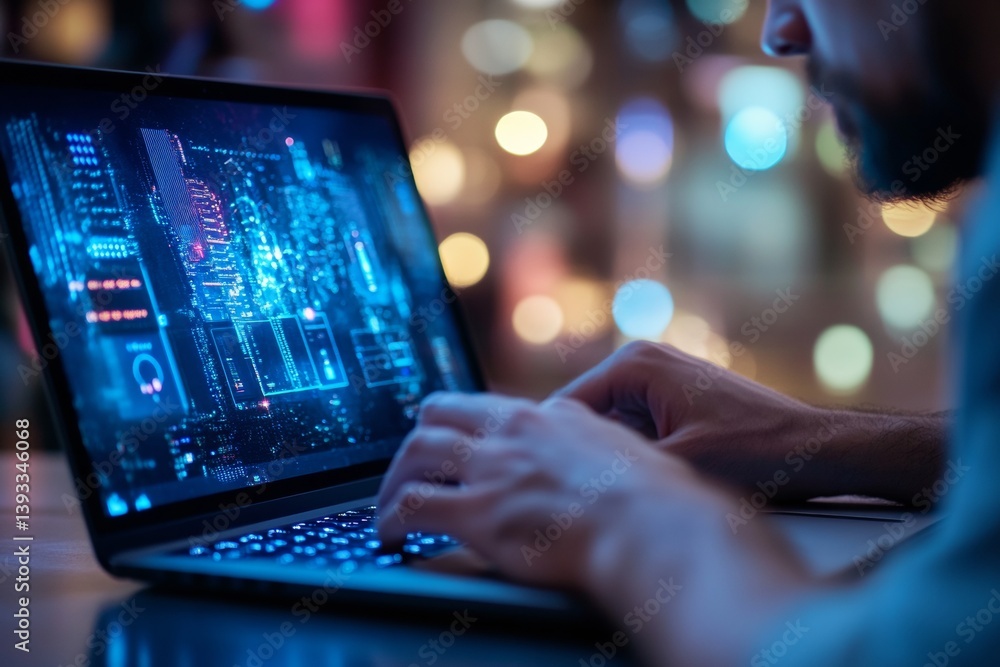 A man is working intently on his laptop in a modern workspace. The smart lighting adjusts the brightness, creating a comfortable atmosphere at night. Colors from the screen enhance the environment A man is working intently on his laptop in a modern workspace. The smart lighting adjusts the brightness, creating a comfortable atmosphere at night. Colors from the screen enhance the environment