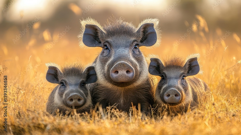 Fototapeta premium Three adorable wild piglets resting in tall grass