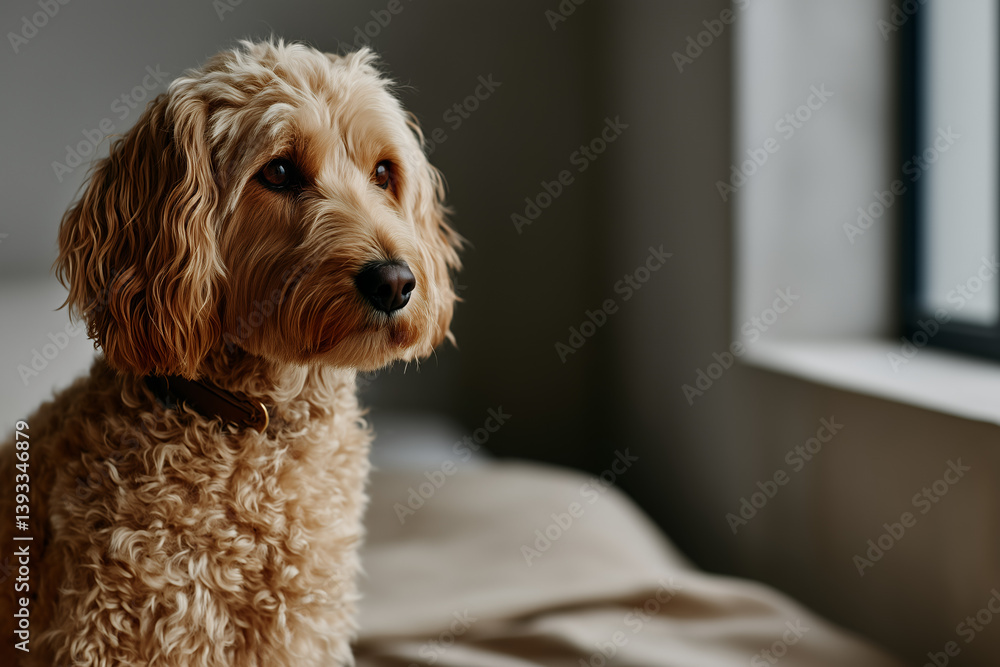 A lifestyle photograph of a well-groomed poodle sitting calmly on a neutral-toned background, lit by soft natural light A lifestyle photograph of a well-groomed poodle sitting calmly on a neutral-toned background, lit by soft natural light