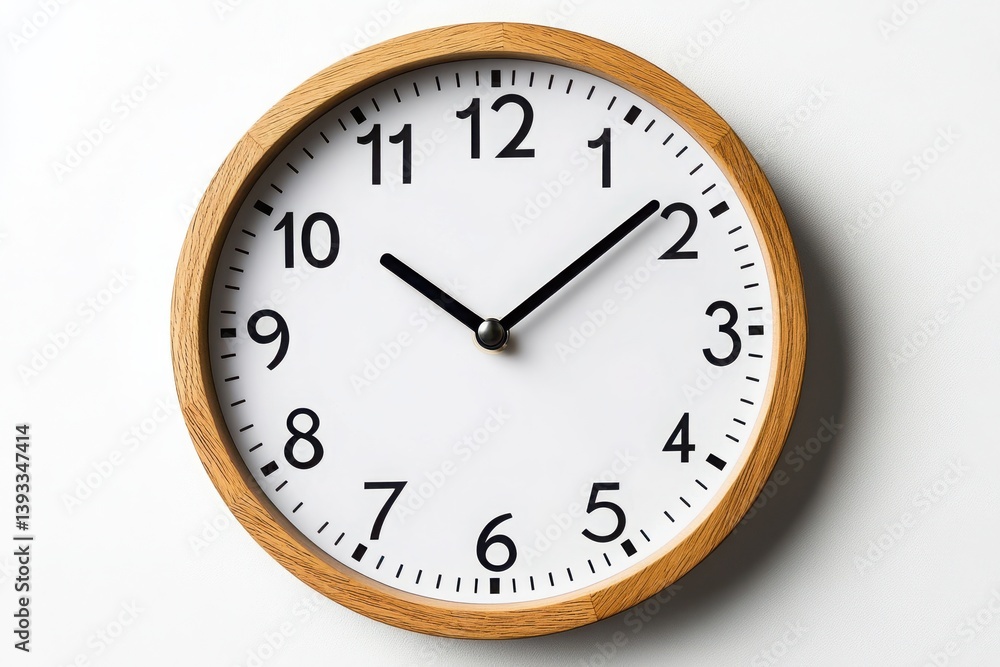 Analog clock with a wooden frame on a plain white wall Analog clock with a wooden frame on a plain white wall