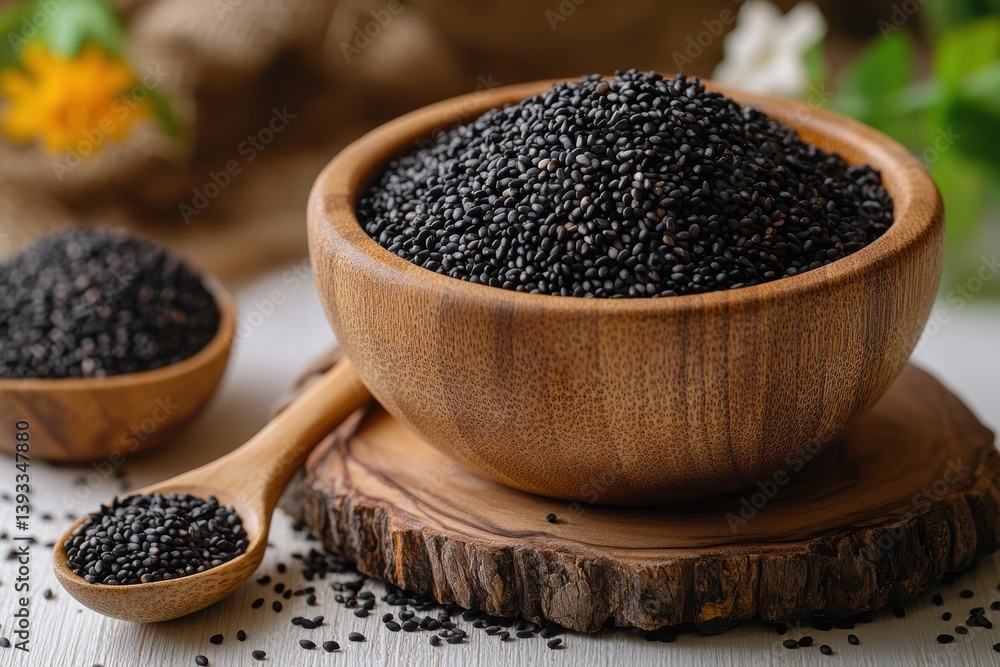 Wooden bowl and spoon filled with black sesame seeds resting on a rustic surface Wooden bowl and spoon filled with black sesame seeds resting on a rustic surface