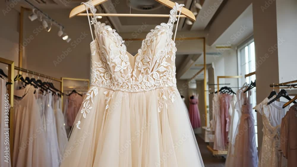 Elegant bridal gown display in a stunning boutique with warm lighting and refined decor Generative AI Elegant bridal gown display in a stunning boutique with warm lighting and refined decor Generative AI