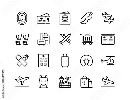 Air Travel Vector Icon Set | Adjustable Line Weight | Plane window, boarding pass, seats, luggage, seatbelts, helicopter, jet, backpack, airport icons