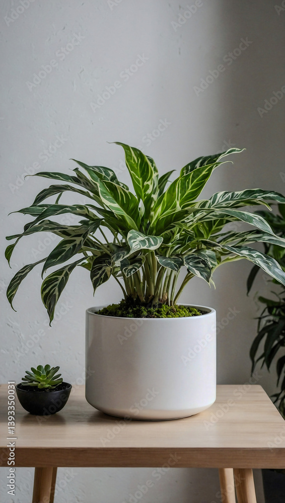 Fototapeta premium Flourishing plant in a white pot for modern interiors.