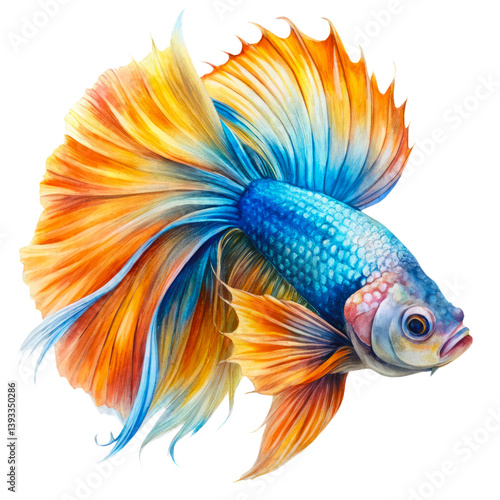 A colorful watercolor betta fish sticker with transparent background vibrant blue and orange aquarium fish with flowing fins perfect for aquatic and ocean themed designs