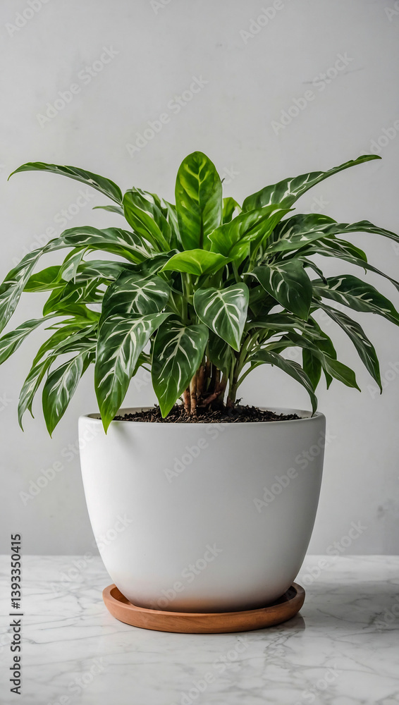 Fototapeta premium Flourishing plant in a white pot for modern interiors.