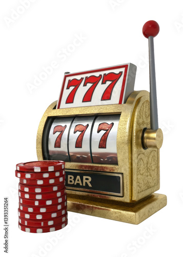 A slot machine with triple sevens and poker chips showcasing casino excitement and jackpot winnings on a transparent background