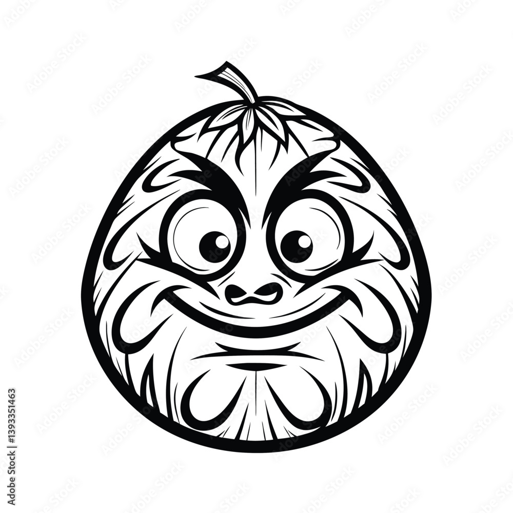 Fototapeta premium Cartoon Fruit Face Black and White Illustration, Smiling, Minimalist, Isolated, Cute