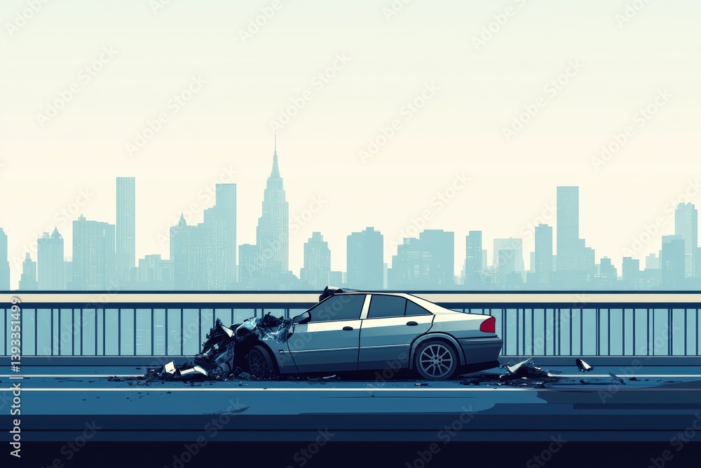 Naklejka premium Graphic representation of a car accident in a city setting with a skyline