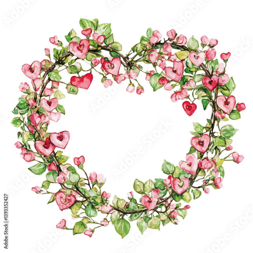 A watercolor vector illustration of a Valentines Day wreath, isolated on a white background.

