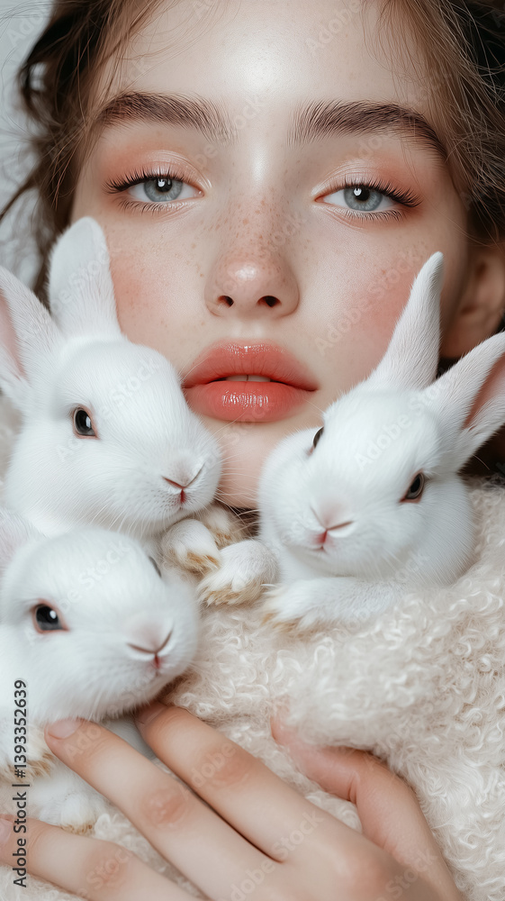 An abundance of cuteness in a portrait of a girl gently embracing three fluffy white rabbits. This image represents joy, tenderness, and the overwhelming charm of these animals An abundance of cuteness in a portrait of a girl gently embracing three fluffy white rabbits. This image represents joy, tenderness, and the overwhelming charm of these animals
