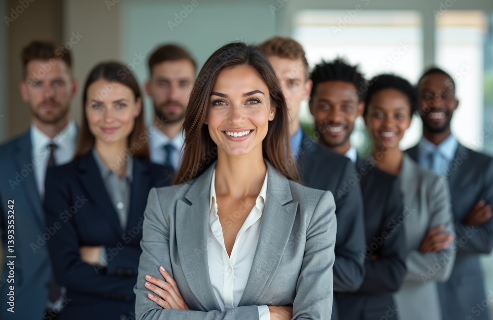 Fototapeta premium Successful diverse business team. Confident lady leader in front, smiling group of professionals in office, happy employees. Positive attitude, modern corporate business portrait.