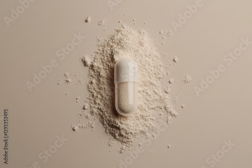 A capsule has been opened to reveal its supplement powder against a beige-colored background