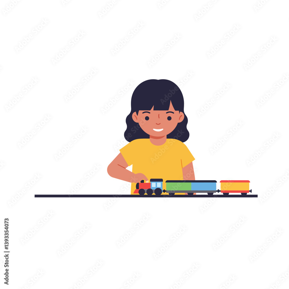 Child playing with colorful toy train in flat vector art style illustration Child playing with colorful toy train in flat vector art style illustration