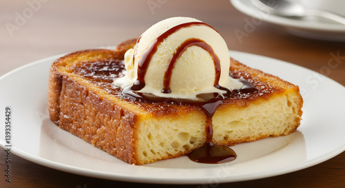Golden French Toast with Vanilla Ice Cream and Caramel Sauce on White Plate