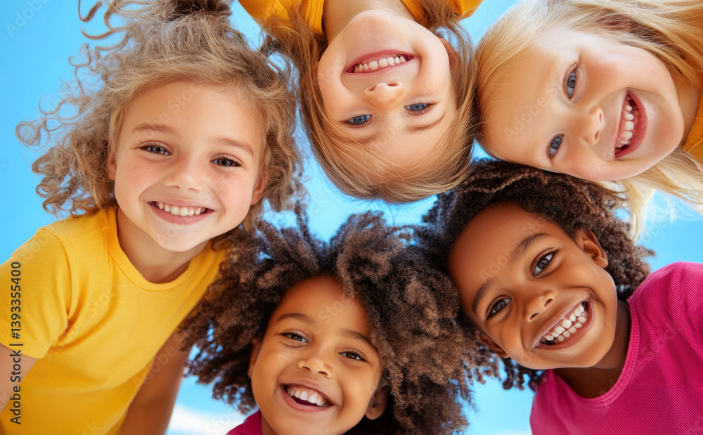 Obraz premium Joyful group of cute children playing together outdoors, capturing happy childhood moments for family and educational campaigns