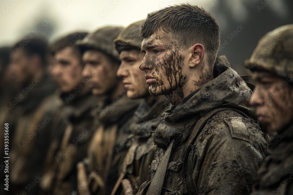 Fototapeta premium Amidst a brief ceasefire, soldiers stand at attention, displaying signs of exhaustion and mud on their uniforms. Their serious expressions reflect the weight of their experiences in battle