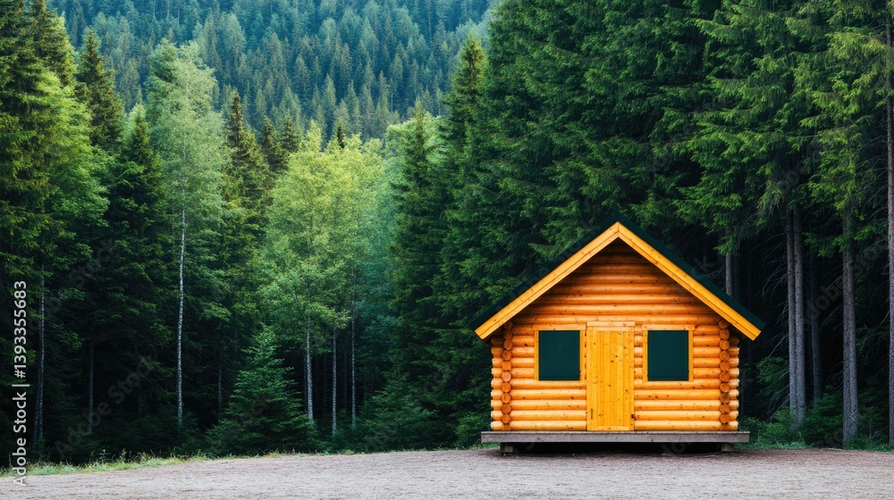 Rustic cabin in forested summer camp setting for outdoor adventure and nature retreat design with copy space Rustic cabin in forested summer camp setting for outdoor adventure and nature retreat design with copy space