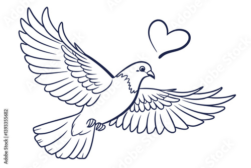 Flying Dove with Heart Vector Art. Love and Peace Symbol