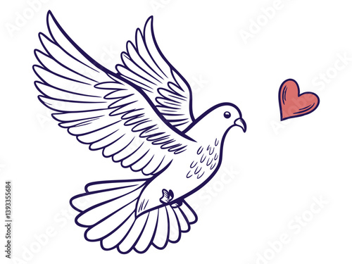 Flying Dove with Heart Vector Art. Love and Peace Symbol