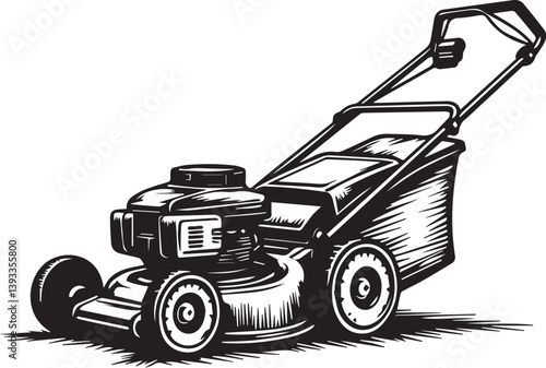 Push Lawn Mower Illustration, Black and White Yard Equipment