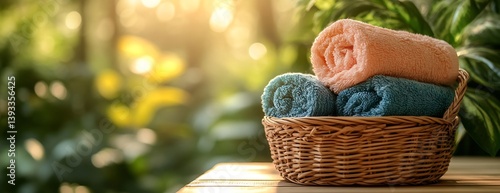 Rolled Towels in Wicker Basket Spa Day Concept with Sunlight Bokeh Background Soft Colors Relaxing Home Decor : Generative AI