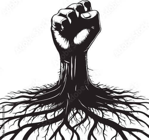Raised Fist with Roots Illustration, Symbol of Strength and Resistance