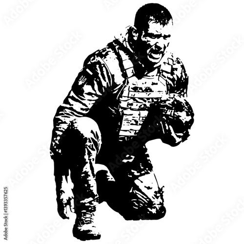 Black and White Ukraine Army Art Ilustration, Making an effort to rise and retrieve his fallen helmet