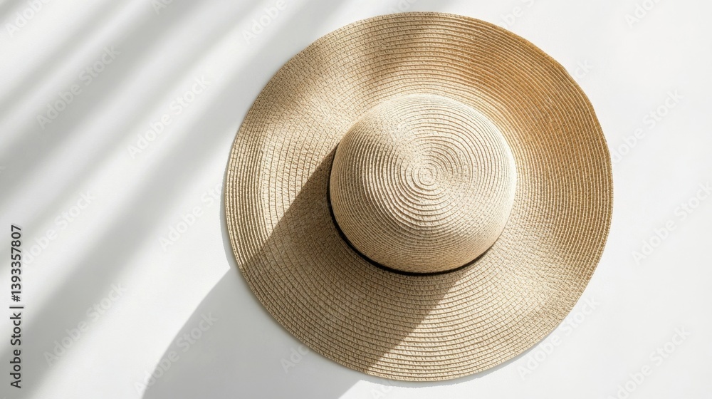 © Artittaya - Wide-brimmed beach hat resting flat on a clean white surface with top-down lighting for clear shadow definition © Artittaya - Wide-brimmed beach hat resting flat on a clean white surface with top-down lighting for clear shadow definition