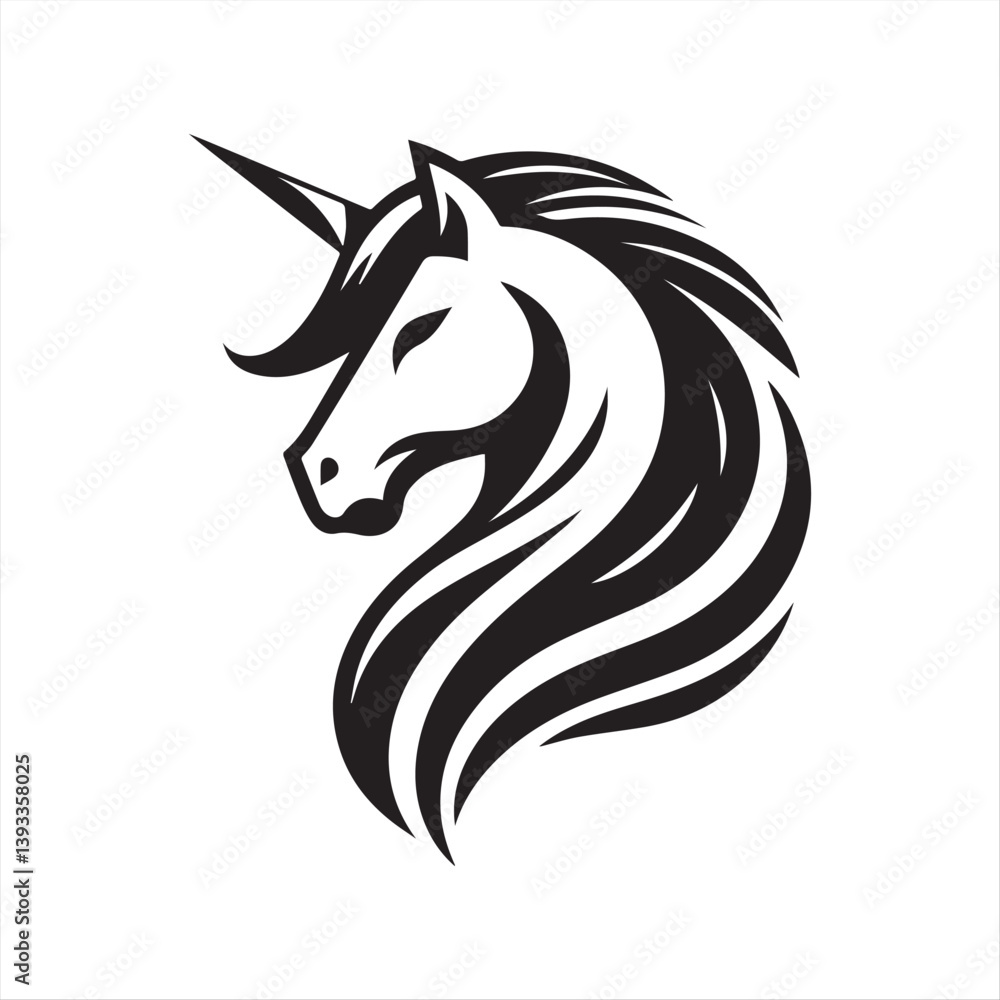 Stylized Unicorn Head – Black and White Fantasy Vector Illustration Stylized Unicorn Head – Black and White Fantasy Vector Illustration