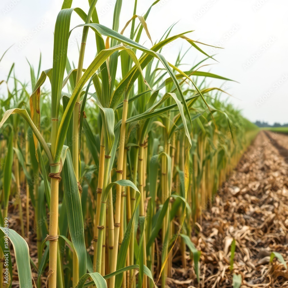 Fototapeta premium Rows of harvested sugarcane stalks in a field, plantation, farming scene
