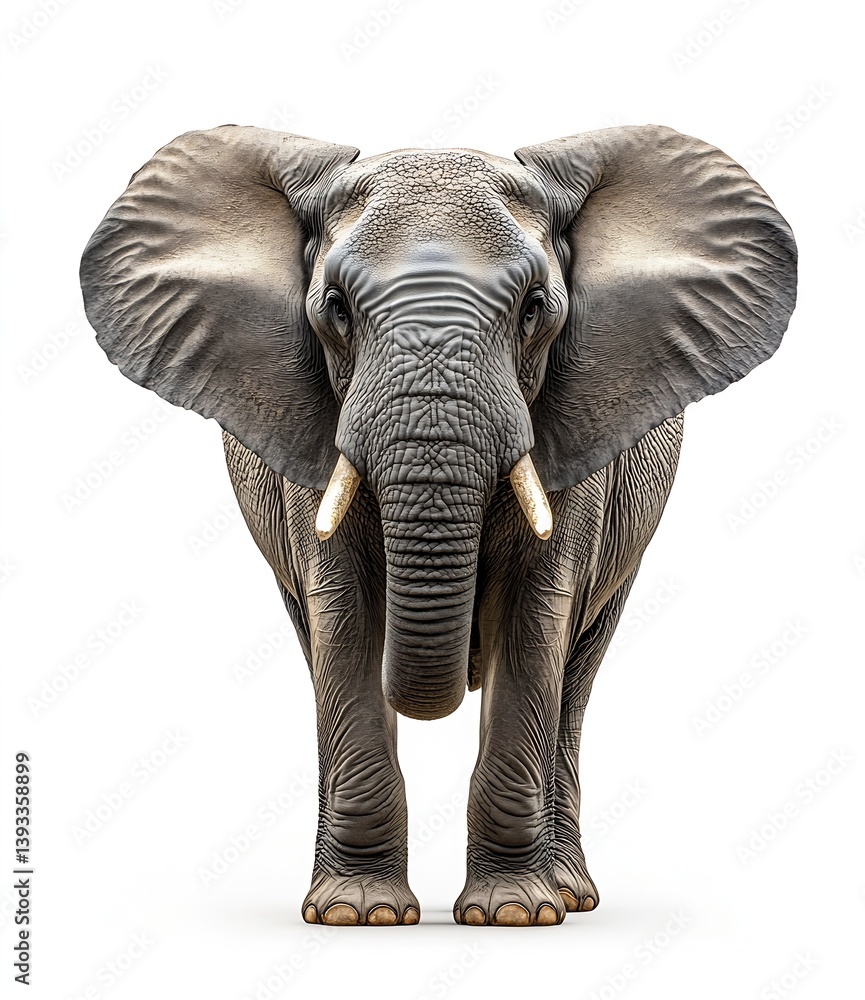 Fototapeta premium Majestic African Elephant Standing Tall on White Background Captivating Wildlife Portrait Detailed Texture Impressive Tusks : Generative AI
