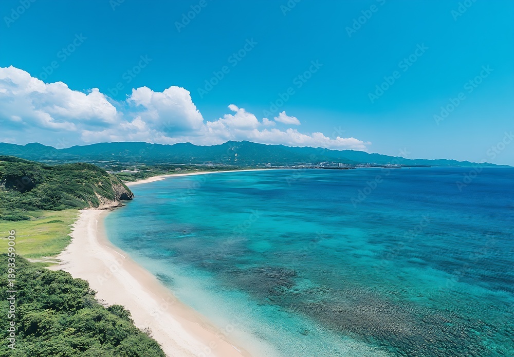 Beautiful Beachside View Featuring Clear Waters and Lush Coastline Under Scenic Blue Sky : Generative AI Beautiful Beachside View Featuring Clear Waters and Lush Coastline Under Scenic Blue Sky : Generative AI