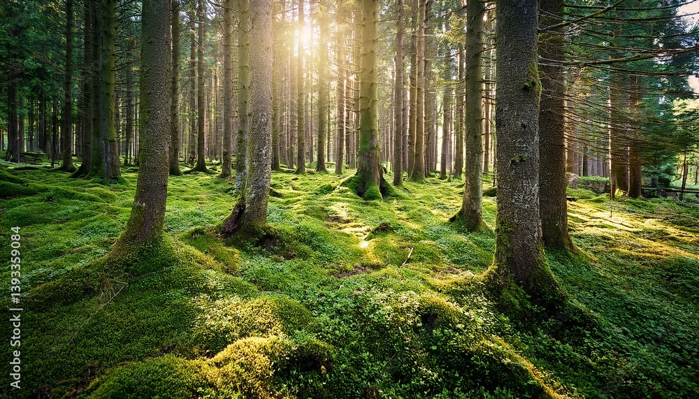 Obraz premium mossy forest floor with trees reaching for the sunlight