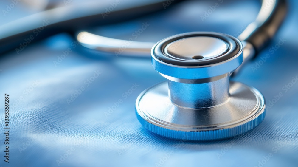 Close-up of a silver stethoscope on blue fabric. Close-up of a silver stethoscope on blue fabric.