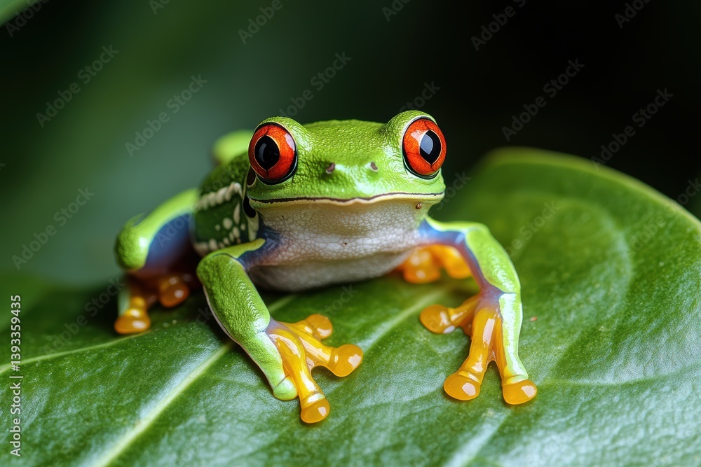 Obraz premium Red-eyed tree frog clings to a large green leaf in tropical rainforest habitat